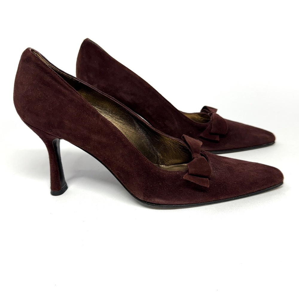 Vintage Stuart Weitzman Size 10 10B Brown Suede Leather Heel Bow Xcurve Pump
